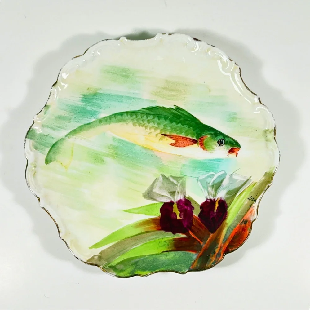 Antique LDBC Flambeau Limoges France Hand Painted Fish Plate Signed By‎ Leo 9.5